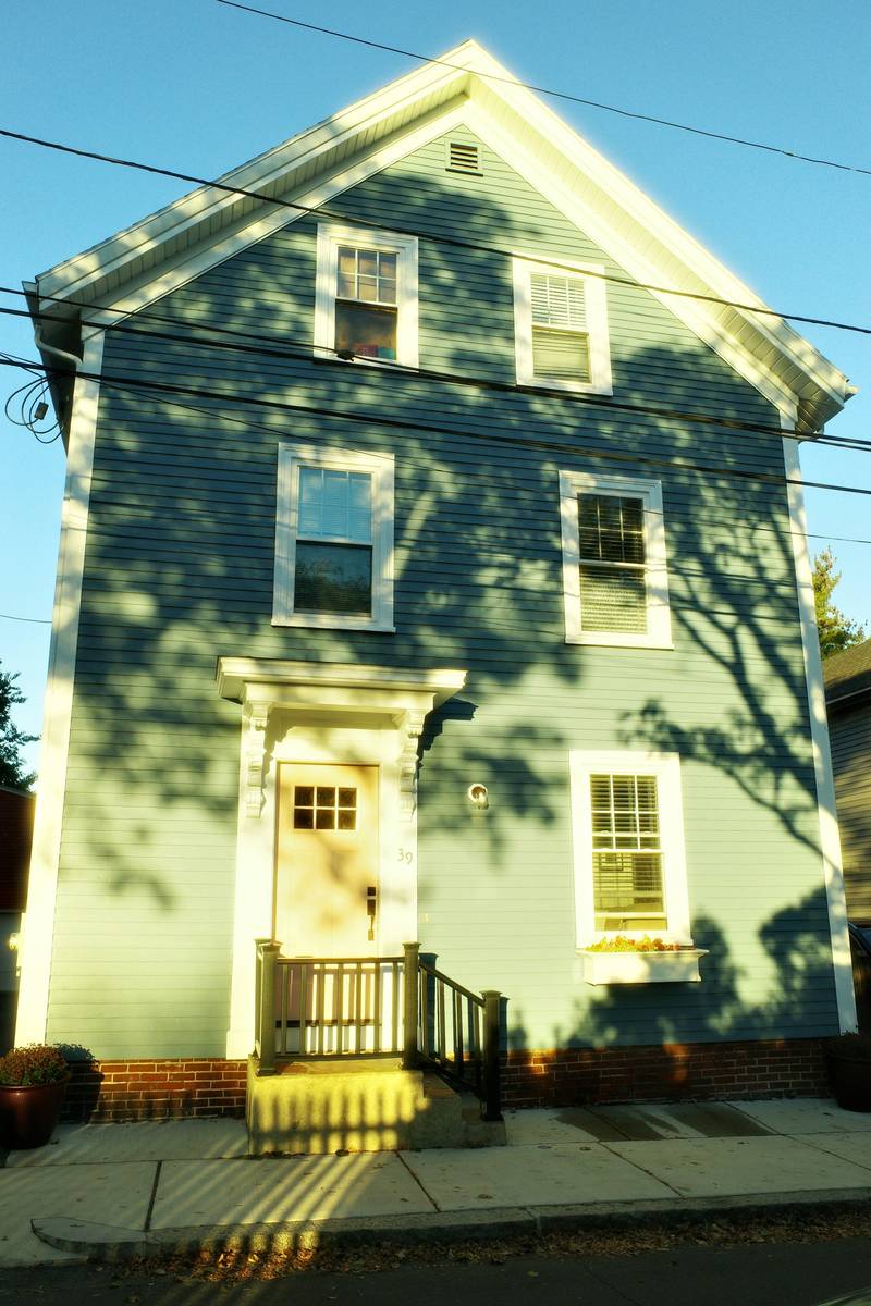 A sage green clapboard house with white trim in low sun. Reference photograph.